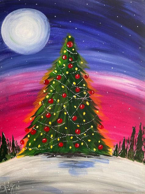 Christmas Decorations Drawings, Easy Christmas Drawings, Christmas Art For Kids, Diy Christmas Paintings, Holiday Canvas, Christmas Canvas Art, Christmas Tree Art, Painting Snow, Christmas Tree Painting