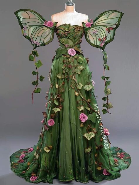 Fae Ball Dress, Nature Themed Dress, Green Fantasy Gown, Fairy Dresses Aesthetic, Fantasy Aesthetic Outfits, Fantasy Costume Ideas, Enchanted Forest Gown, Fairy Outfit Ideas, Plant Dress