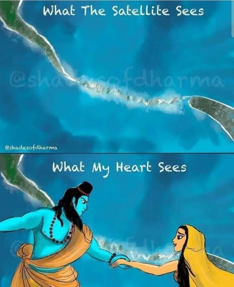 The Ram Setu is just not a bridge on the Ocean, but a representation of pure love and the great affection Shri Ram had for Mata Sita. Shri Ram was never known for his outward display of love for Mata Sita but, the Ram Setu breaks all those notions about him, when his love as deep as the Ocean for Mata Sita is depicted by bridging the mighty waters. This impossible task of his portrays the importance he gave to the relation of a wife and a husband. Fulfilling his duty as a husband and w.. Mata Sita, Ram Setu, Ram Sita Photo, Anniversary Quotes Funny, Ram Sita, Ganpati Bappa Photo, Sita Ram, Lord Rama Images, Color Mixing Chart