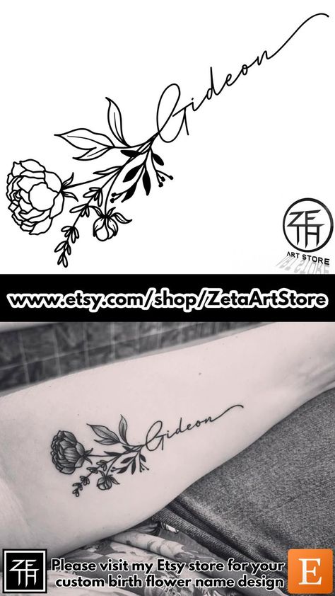 Birth Flower Name Tattoo, Tattoo Ticket, Name Tattoo Design, Tattoo Design For Women, Bouquet Tattoo, Name Tattoo Designs, Custom Tattoo Design, Flower Names, Name Tattoo