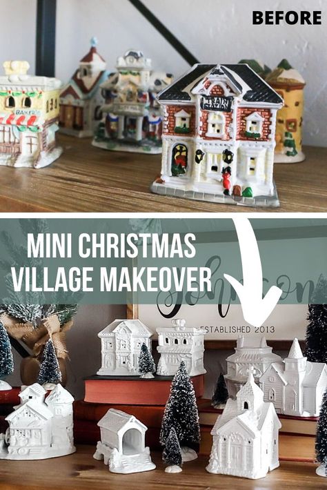 Are you looking for DIY Christmas village ideas? You'll love this mini village makeover tutorial and display ideas! The houses look so cute painted white to match farmhouse style decor. #farmhousechristmas #christmas #christmasdecor #village #christmasDIY Christmas Village Makeover, Dollar Tree Christmas Village, Christmas Village Ideas, Diy Snowman Decorations, Christmas Village Decorations, Neutral Farmhouse, Christmas Village Sets, Dollar Tree Christmas Decor, Diy Christmas Village