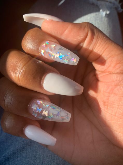 White Glitter Butterfly Nails, 18th Birthday Nails Acrylic Short, Silver Butterfly Nails, Butterfly Nails White, White Nails With Butterflies, Butterfly Nails Coffin, Acrylic Nails Butterfly, White Butterfly Nails, Butterfly Acrylic Nails