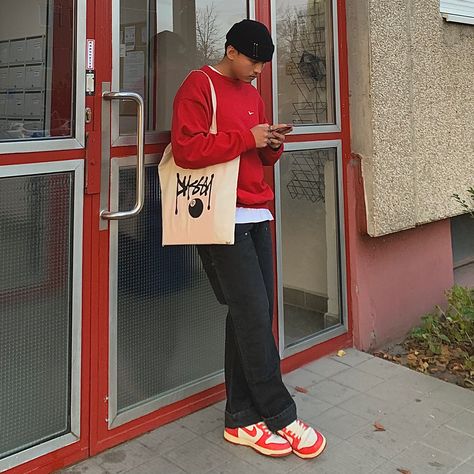 Men’s Red Sweater Outfit, Varsity Red Dunks Outfit, Red Nike Dunks Outfit Men, Nike Red Outfit, Nike Sb Dunks Outfit, Nike Dunk Red Outfit, Red Beanie Outfit Men, Sb Dunks Outfit Men, Red Crewneck Outfit Men