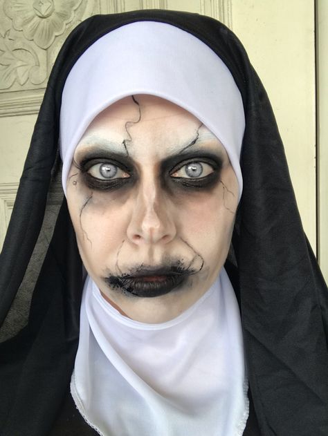 The Nun Makeup The Nun Costume Makeup, Halloween Nun Costume Makeup, Nun Halloween Costumes Makeup, Nun Costume Makeup, Nun Makeup Halloween, Scary Nun Makeup, The Nun Makeup, Black Halloween Makeup, Haunted House Makeup