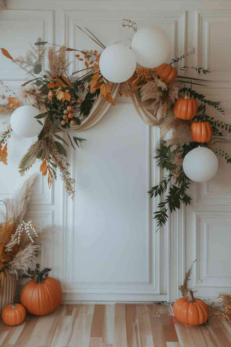 40 Cute Fall Baby Shower Ideas for a Simple Celebration Fall Flower Arch Decor, Entrance Fall Decor Ideas, Fall Pallet Backdrop, Easy Thanksgiving Photo Backdrop, Fall Themed Baby Shower Backdrop, Simple Fall Baby Shower Decorations, Fall School Dance Decorations, Pumpkin Baby Boy Shower Theme, Thanksgiving Bridal Shower Ideas