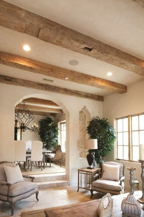 Beams Living Room, Smart Tiles, Wood Mantels, Spanish Style Homes, Mediterranean Decor, Mediterranean Homes, Reclaimed Barn Wood, Wood Beams, Barnwood