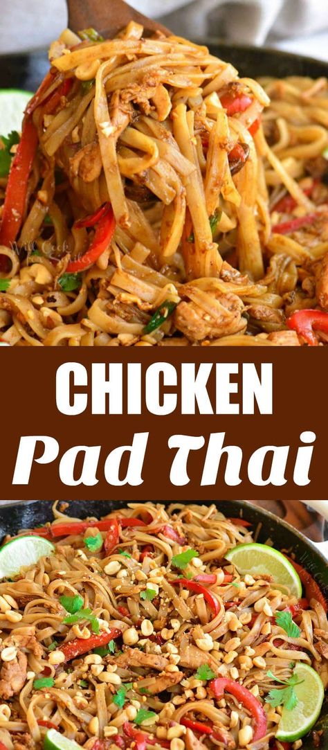 Pad Thai is a delicious rice noodle dish you can make at home is about 30 minutes. It's made with chicken or shrimp, rice noodles, vegetables, eggs, peanut, cilantro, and irresistible Pad Thai sauce. #chicken #pasta #ricenoodles #padthai #thai Shrimp Rice Noodles, Noodles Vegetables, Shrimp Rice, Chicken Pad Thai, Pad Thai Sauce, Pad Thai Noodles, Delicious Rice, Thai Sauce, Pad Thai Recipe