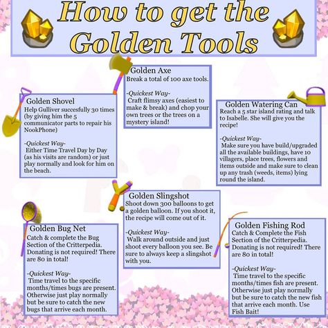 Daily Animal Crossing Cuteness on Instagram: “Do you have all the golden tools already?⠀ ⠀ Here is a guide on how to get them the fastest!⠀ ⠀ Golden Shovel: You need to help Gulliver…” Acnh Nook Miles List, Acnh Golden Tools, Acnh Gulliver Items, 4 Star Island Animal Crossing, Animal Crossing Gulliver, Animal Crossing How To, Animal Crossing Balloon Guide, Acnh Guidebook, Animal Crossing Beginner