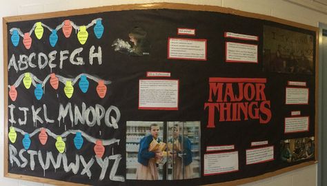 My residents told me that my Feburary bulletin board was their favorite! Choosing a major! Based on the Netflix show Stranger Things. In each lightbulb I wrote a few different major options.   peer mentor, ra, res life, reslife, residential life, bulletin boards, resident advisor, resident assistant, residential life, residence life Resident Assistant Programs, School Counseling Bulletin Boards, Resident Assistant Bulletin Boards, Time Management College Student, Student Council Campaign, Choosing A Major, College Bulletin Boards, Resident Advisor, Art Bulletin Boards