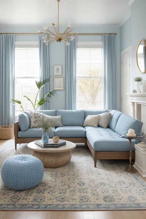 Light Blue And Gold Living Room, Light Blue House Interior, Grey Cream Living Room, Blue Living Room Couch, Light Blue Couch Living Room, Sky Blue Living Room, Light Blue Sofa Living Room, Coffee Table Mirror, Light Blue Couches