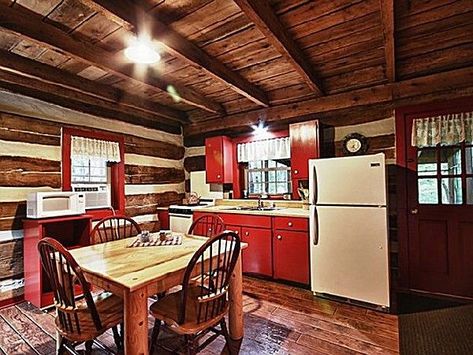 Small Log Cabin Kitchens, Cabin Kitchens Rustic, Kitchens Rustic, Red Kitchens, Log Cabin Kitchens, Red Cabin, Rustic Kitchens, Log Cabin Interior, Rustic Log Cabin