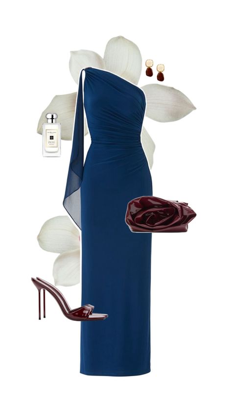 Event or wedding guest dress outfit inspo - navy blue maxi dress, styled with a pair of burgundy heels and a rose detail burgundy purse and some pearl and burgundy drop earrings Navy Blue Dress Wedding, Blue Dress Wedding Guest, Blue Dress Wedding, Navy Blue Dress Outfit, Winter Wedding Guest Outfit, Cool Girl Wedding, Event Outfit Ideas, Black Tie Wedding Guest, Blue Dress Outfits