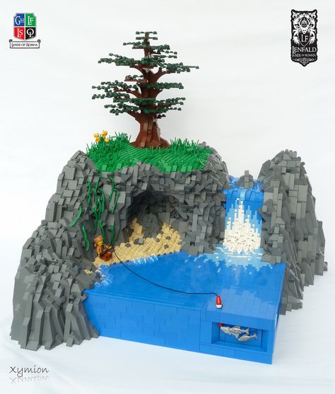 Waterfall beside a little cave by Simon Küntzel #LEGO #MOC #waterfall #river #lake  #rocks #tree Lego Mountain, Cave Waterfall, Lego Tree, Lego Winter, Lego Sculptures, Amazing Lego Creations, Lego Trains, Lego Craft, Lego Creative