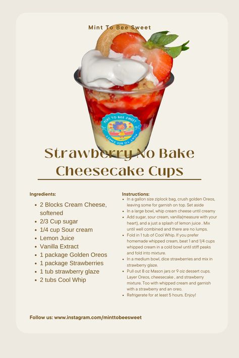 Indulge in a simple and delicious DIY strawberry no-bake cheesecake cup recipe! Perfect for a quick dessert or summer treat, these easy-to-make cheesecake cups are layered with golden Oreos and topped with fresh strawberries. No baking required, just chill and enjoy! Ideal for parties, gatherings, or a sweet snack. Get the recipe now and make these creamy delights today! Strawberry Cheesecake In A Cup, Strawberry No Bake Cheesecake, Easy No Bake Strawberry Cheesecake, No Bake Cheesecake Cups, Cheesecake Cups, Quick Treats, Quick Dessert, Simple Dessert, How To Make Cheesecake