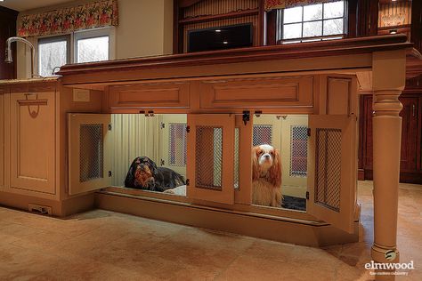 Kitchen island with adorably practical pet beds | Flickr - Photo Sharing! Laundry Folding, Small Dog Crate, Food Storage Cabinet, Kennel Ideas, Dog Spaces, Custom Kitchens Design, Dog Kennels, Pet Food Storage, Dog Crate Furniture