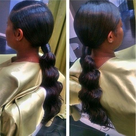 black formal ponytail for relaxed hair African American Ponytail Hairstyles, Hairstyles For Afro Hair, Formal Ponytail, Long Ponytail Hairstyles, Curled Hairstyles For Medium Hair, Short Sassy Haircuts, Cute Ponytails, Black Ponytail Hairstyles, American Hairstyles