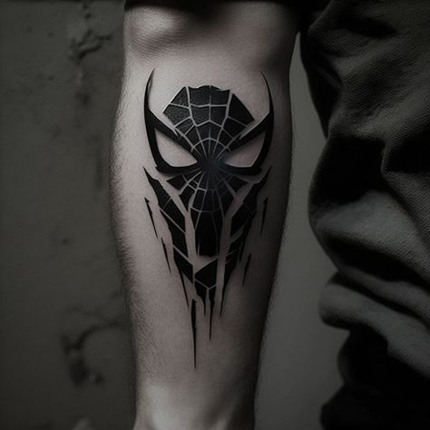 Iron Man Chest Tattoo, Spiderman Tattoo Black And White, Symbiote Tattoo Ideas, Spider Man Venom Tattoo, Marvel Forearm Tattoo, Black Spiderman Tattoo, Spiderman Symbol Tattoo, Spiderman Venom Tattoo, Superhero Tattoos For Men