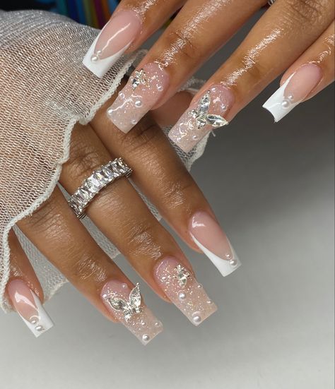 White Bedazzled Nails, French Tip Nails With Diamonds Bling, Acrylic Nails With Pearls And Diamonds, Bridesmaid Nails Design, Prom Frenchies, White Glam Birthday Nails, Prom Nail Designs Acrylics, White Gender Reveal Nails, Coffin Gem Nails