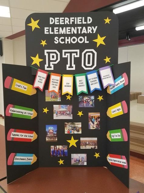 Pto Table Display, School Trifold Board Ideas, Pta Back To School Night Ideas, Fccla Trifold Board, How To Make A Trifold Poster Board, Pta Trifold Board, Pto Poster Board Ideas, Pta Table Display, Pto Display Boards