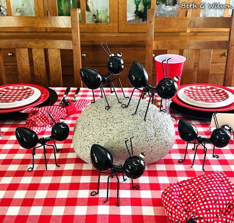 Ants-tertainment on a Summer Picnic Tablescape, more information about everything on this table setting and where it all came from in my blog post about it all here: https://www.whispersoftheheart.com/blog/2024/5/8/ants-tertainment-on-a-summer-tablescape Ant Picnic Party, Picnic Tablescape, Themed Tablescapes, The Ants Go Marching, Ants Go Marching, Ant Picnic, Whispers Of The Heart, Summer Tablescapes, Black Ants