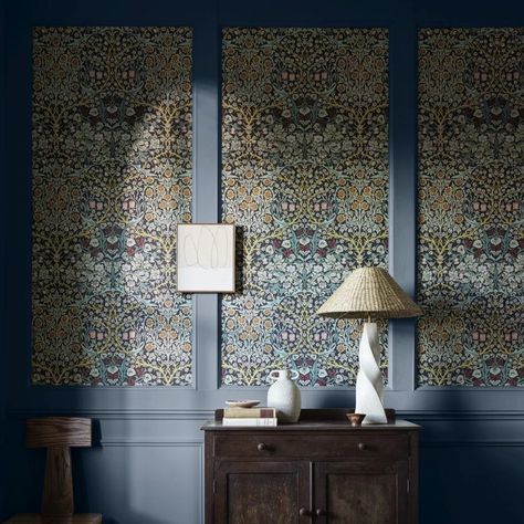 A darkly dramatic colourway of this striking all over classic Morris flower and leaf design. Designed in 1892 this complex yet calming design works exceptionally well in small spaces reimagined in a colourful and contrasting colour palette. Seen here in the Indigo colourway. Wallpaper Panels Framed, Calming Design, Indigo Wallpaper, William Morris Wallpaper, Morris Wallpapers, Wallpaper Ceiling, Framed Wallpaper, Decorative Wall Panels, Wallpaper Direct