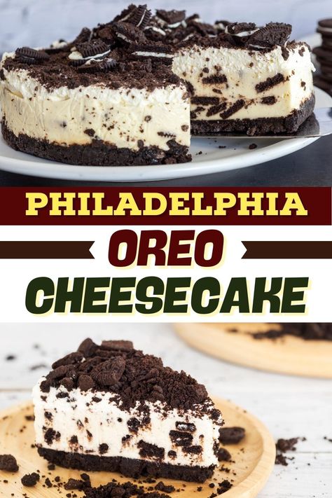 If you're a fan of cookies and cream, you'll go nuts for this Philadelphia Oreo cheesecake. It's thick, rich, creamy, and chock-full of crunchy cookies! Homemade Oreo Cheesecake Recipes, Homemade Oreo Cheesecake, Insanely Good Recipes, Easy Oreo Cheesecake Recipes, Casino Desserts, London Cheesecake, Philadelphia Cream Cheese Cheesecake Recipe, Cookies N Cream Cheesecake, Philadelphia Cheesecake Filling