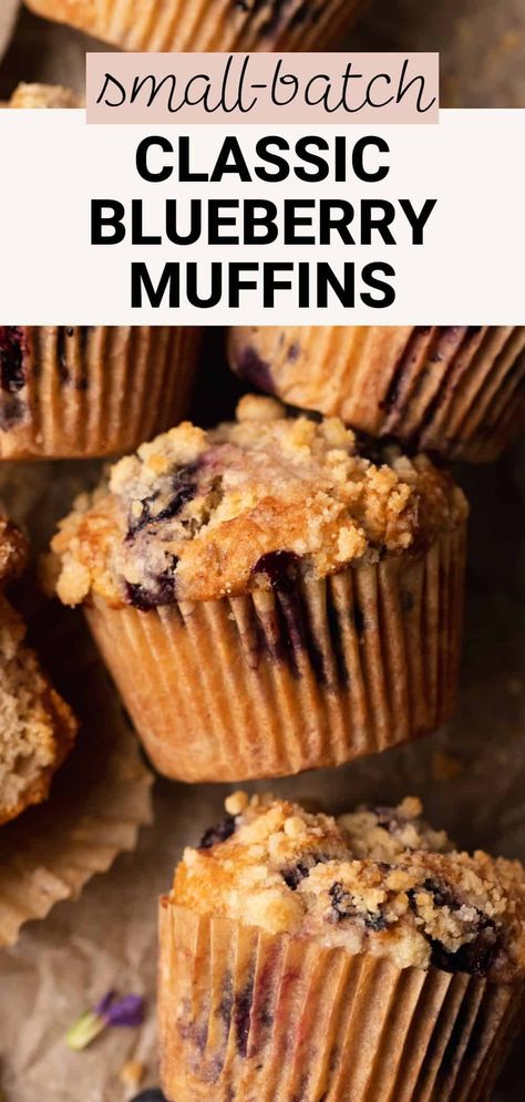 Soft, buttery small batch blueberry muffins are topped with sweet crumbly streusel for a delicious breakfast or mid-day treat! These homemade muffins have bursts of juicy blueberries in every bite and are sure to taste absolutely heavenly. This recipe makes 6 muffins topped with streusel. Small Batch Blueberry Muffins, Muffins With Cream Cheese Filling, Berry Muffin Recipe, Blueberry Crumble Muffins, Muffins With Cream Cheese, Blueberry Cream Cheese Muffins, Bakery Style Blueberry Muffins, Crumble Muffins, Berry Muffins