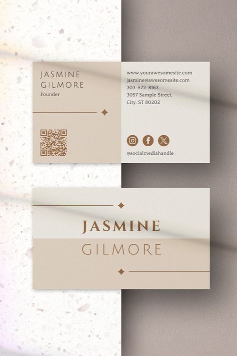 #affiliate Neutral Business Card Template, Brown Beige Boho Printable Business Card, Editable in Ca… in 2024 | Printable business cards, Vertical business cards, Qr code business card Interior Business Card Design, Business Card For Small Business, Aesthetic Visiting Card, Business Card Esthetician, Professional Business Card Design Ideas, Graphic Business Card, Business Cards Artist, Neutral Business Cards, Business Card For Designer