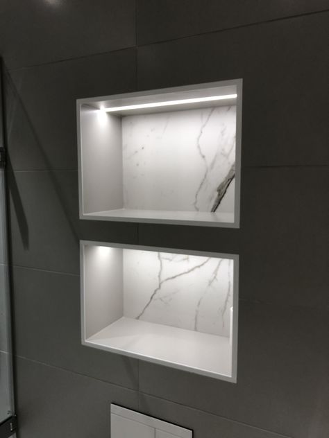 Recessed bathroom shelf marble tile recessed led strip Bathroom Wall Nish, Bathroom Nish Ideas, Recessed Lighting Shelves, Recessed Shelves Above Toilet, Bathroom Niches Above Toilet, Bathroom Niches Above Tub, Bath With Recessed Shelf, Recess Shelf Bathroom, Shower Niche Led Lighting