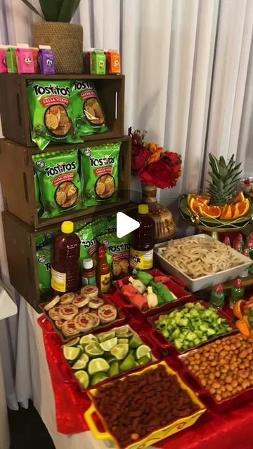 Tostilocos Table Party Ideas, Antojitos Table, Mesas De Snack Ideas, Mexican Candy Table Ideas, Mexican Fruit Table Ideas, Mexican Snack Bar, Mexican Treat Table, Mexican Party Ideas, Fiesta Mexicana Ideas