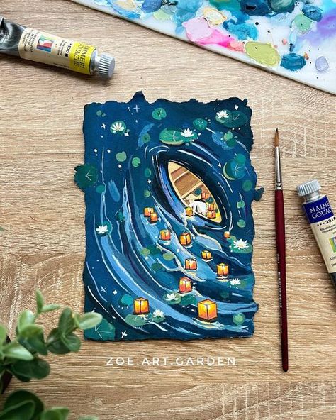 Gouache Art On Canvas, Gouache Night Sky, Simple Gouache, Lantern Aesthetic, Lantern Illustration, Traditional Illustration, Zoe Lee, Floating Lanterns, Living Room Nursery