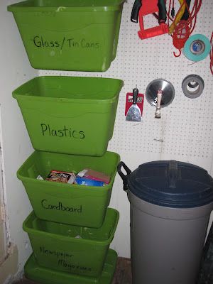 Hang up bins on peg board vertically with the hooks for a great way to sort without taking up too much room.  Great for recycling, toys and other misc. Home Organization Wall, Organization Wall, Garage Organisation, Garage Tool Organization, Garage Renovation, Recycling Information, Garage Organization Diy, Creative Storage Solutions, Recycling Center