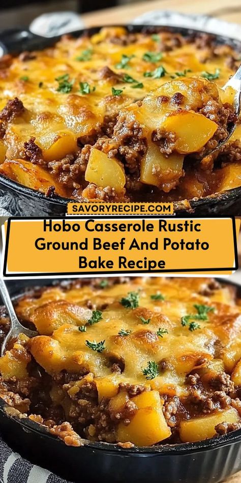 Enjoy a hearty Hobo Casserole featuring ground beef and potatoes, perfect for a cozy dinner! This Rustic Ground Beef and Potato Bake is a simple, satisfying recipe that makes meal prep a breeze. Packed with flavor and comfort, it’s an ideal choice for your next family gathering or weeknight meal! Ground Beef Potato Casserole, Hobo Casserole, Potato Bake Recipe, Sauce Cheddar, Ground Beef Recipe, Ground Beef And Potatoes, Rustic Recipes, Potato Bake, Ground Beef Dishes