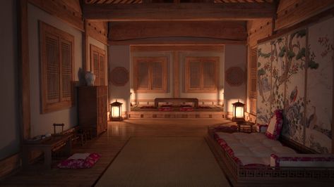 Traditional Japanese Bedroom, Korean House Interior, Korean Interior Design, Hanok House, Chinese Interior Design, Korean Traditional House, Traditional Korean House, Japanese House Design, Royal Room