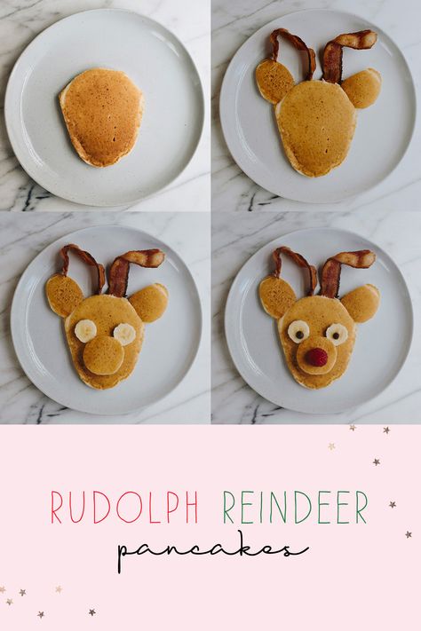 Rudolph Reindeer Pancakes - Casey Wiegand of The Wiegands Simple Pancake Mix, Christmas Plating, Reindeer Pancakes, Easy Pancake Mix, Simple Pancake, Chocolate Bacon, Pancake Art, Rudolph Reindeer, Christmas Morning Breakfast