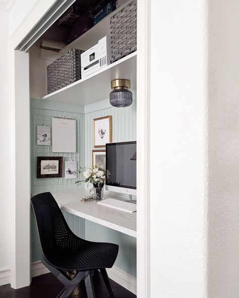 From Closet to Office (A Cloffice!) | Clare Blog Closet In Home Office, Office Desk In Closet Built Ins, Closet To Desk Space, Closet Made Into Desk Area, Desk Area In Closet, Small Office In Closet, Transform Closet Into Office, Closet Made Into Office, Converted Closet To Office