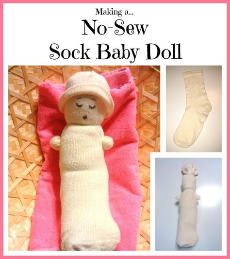 This is a guide about making a no sew sock baby doll. This cute craft makes a little baby doll from a sock and doesn't require any sewing. Sock Diy, Shoebox Ideas, Sock Doll, Cardboard Toys, Sock Dolls, Sock Toys, Diy Socks, Sock Crafts, Bible Crafts For Kids