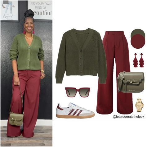 Burgundy x Green - 4 Outfit Ideas 🍷🌲 Burgundy is one of the IT colors for fall! It’s one of my favorite colors for fall as well. Today I will be sharing some of my favorite colors to pair burgundy. First up is shades of green. Here are four different shades of green to try pairing with burgundy. Save this post for style inspo and look in your closet to see if you have any of these colors and try pairing them together to maximize your wardrobe! Which shade of green is your favorite to pair w... Maroon Monochromatic Outfit, Burgundy Pants Outfit Work, Maroon Outfit Ideas, Burgundy Outfit Ideas, Burgundy Pants Outfit, Maroon Pants Outfit, Hunter Green Pants, Olive Green Outfit, Pant Outfits For Women