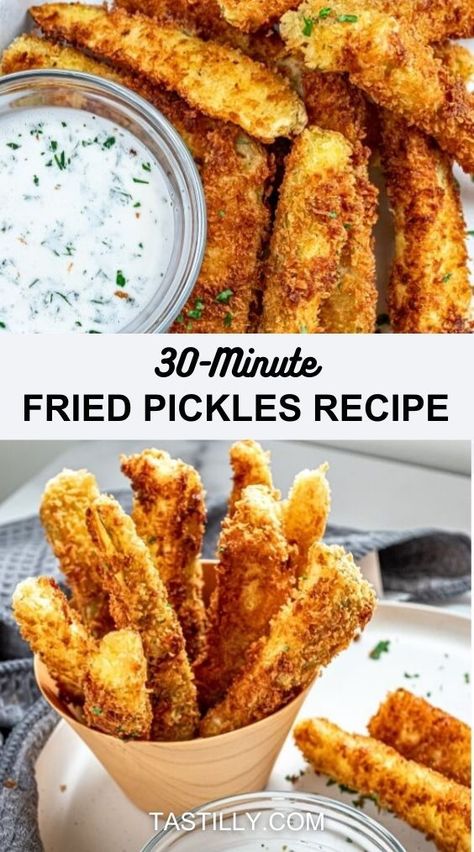 Be a hit at the appetizer table with this Fried Pickles recipe. Using Panko breadcrumbs makes the coating extra crispy, giving you an explosion of flavor and crunch in every bite! Frickles Recipe, Healthy Fried Pickles, Hooters Fried Pickles, Easy Fried Pickles, Fried Pickle Spears, Fried Dill Pickles, Pickle Appetizers, Fried Pickles Recipe, Appetizer Table