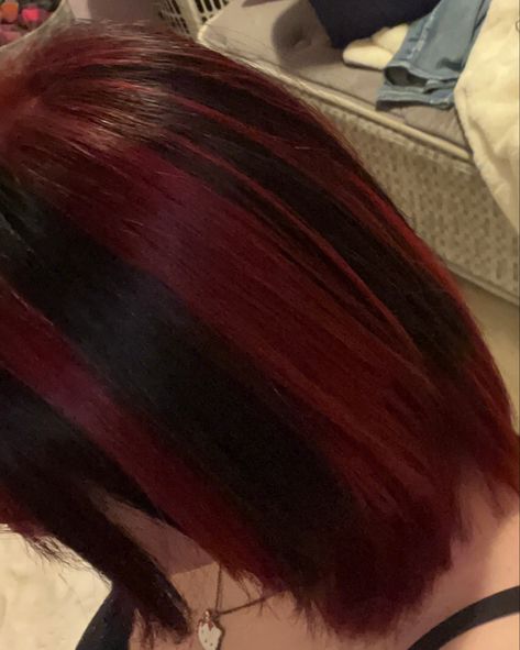 Short Red Hair Highlights, Black And Red Hair Stripes, Red Stripes In Hair, Red Hair And Black Highlights, Red Hair With Black Stripes, Black Hair With Red Streaks Short, Black And Red Skunk Stripe Hair, Dark Red Skunk Hair, Black And Red Striped Hair