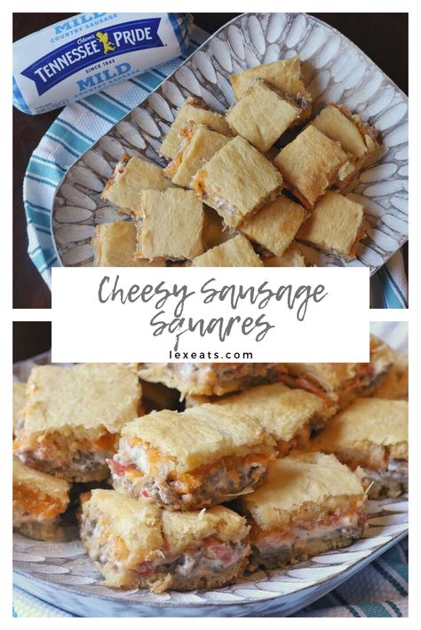 Cheesy Sausage Squares, a five ingredient recipe on lexeats.com Sausage Squares, Tennessee Food, Country Sausage, Tailgate Snacks, Biscuits Casserole, Breakfast Meat, Flaky Biscuits, Entertaining Recipes, Perfect Appetizers