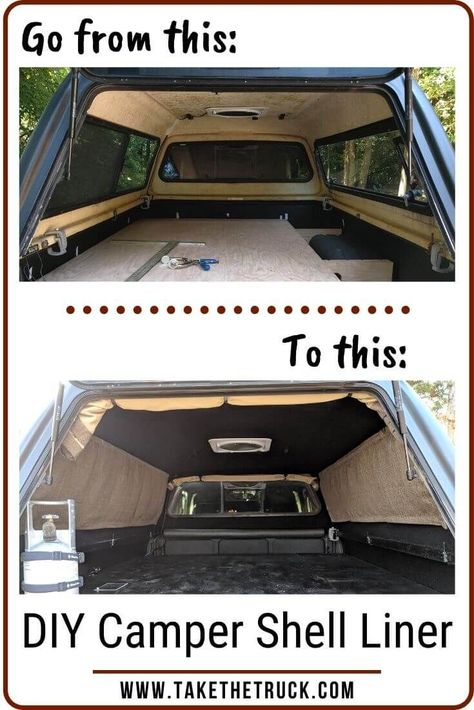 This post tells you how to add a diy camper shell liner to a fiberglass truck topper. Adding a headliner when truck camping makes such an improvement by helping to eliminate condensation issues while providing some insulation and a nicer interior look! #takethetruck #truckcamping #diycamper #coldweathercamping Diy Camper Shell, Truck Topper Camping, Truck Cap Camping, Truck Shells, Pickup Camping, Truck Camper Shells, Truck Living, Truck Toppers, Truck Bed Camping