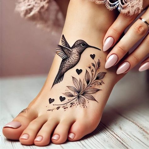 Unique Beautiful Tattoos, Hummingbird Foot Tattoo, Tattoos For Women Hummingbird, Pretty Foot Tattoos For Women, Hummingbird Tattoos For Women, Boujee Tattoos For Women, Hummingbird Flower Tattoos, Anklet Tattoos For Women, Hummingbird Tattoos