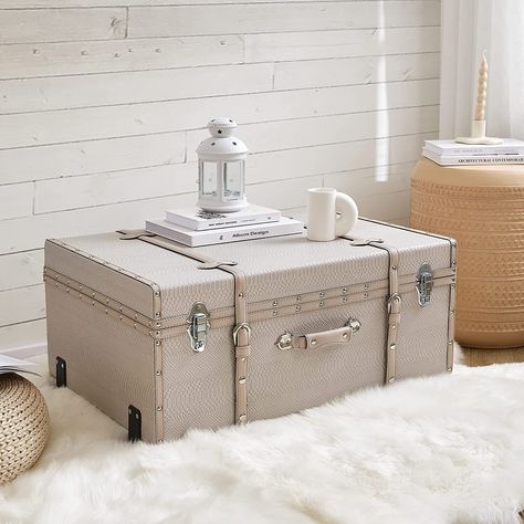 Adding storage to your space doesn't mean you have to sacrifice style! The Texture® Brand Trunk has two wheels, two feet, and a stylish exterior that will add to your room décor. Adding Storage, Decorative Trunks, Dorm Room Styles, Dorm Furniture, Dorm Storage, Wicker Trunk, Dorm Room Storage, Small Bedside, College Decor