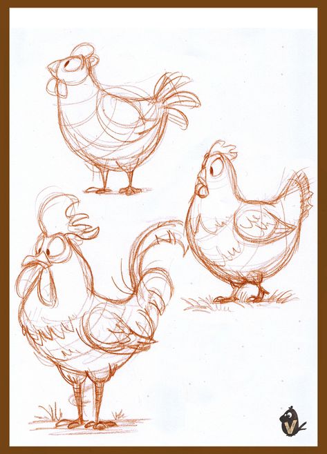 Animal Character Design References, Chicken Animal Drawing, Cute Chicken Illustration, Animal Study Sketch, Chicken Doodle Drawing, How To Draw A Chicken, Chicken Illustration Design, Animal Cartoon Drawings, Cute Animal Character Design