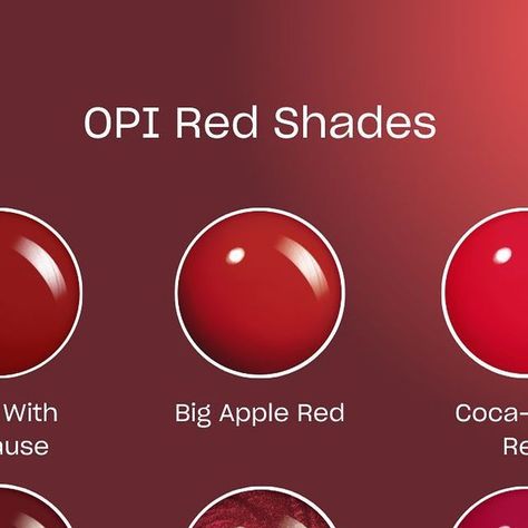 Dark Red Nails Opi Gel, Opi Red Colors, Opi Dip Red Colors, Opi Kiss My Aries, Red Nails Opi Gel, Opi Color So Hot It Burns, Opi Charged Up Cherry, Opi Left Your Text On Red, Opi Red Hot Rio