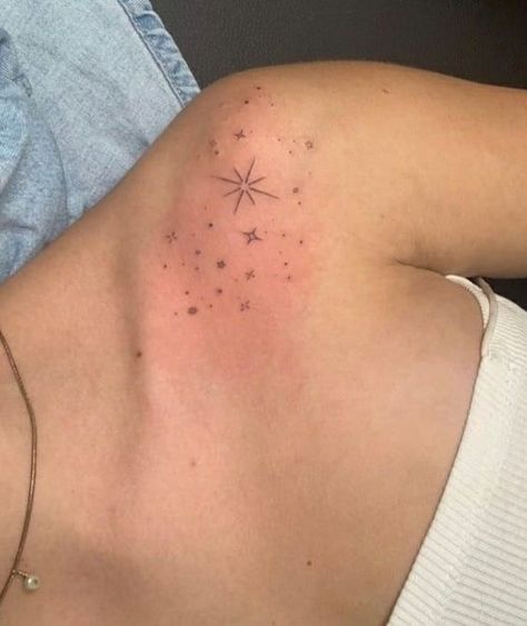 Star Back Tattoos For Women, Celestial Collar Bone Tattoo, Sparkle Tattoo Ideas, Aesthetic Tattoo Ideas, Soft Tattoo, Sparkle Tattoo, Unique Tattoo Ideas, Small Girly Tattoos, Ear Tattoo Ideas