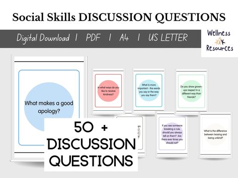 Social Skills Discussion Questions Flashcards for Kids and Teens by WellnessResourcesCA on Etsy Lunchbox Notes For Kids, Social Skills For Kids, Printable Flashcards, Social Emotional Development, Flashcards For Kids, Social Emotional Skills, Printable Flash Cards, Science Worksheets, Shapes For Kids