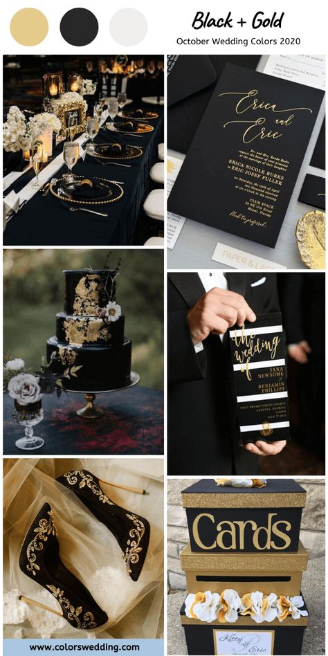 October Wedding Colors, Shoes Table, Black Wedding Cake, Fall Wedding Color Schemes, Wedding Color Combinations, Fall Wedding Color Palette, Wedding Color Combos, Black Gold Wedding, Black Wedding Cakes