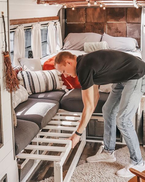 BUSLIFE WITH CALEB BRACKNEY on Instagram: “The pull out couch is still one of my favorite things in the living room. I made it so guests would have a larger bed to sleep on, but I’ve…” Bed Lifts, Pull Out Couch, Large Beds, Tiny Living, I Made It, My Favorite Things, To Sleep, Made It, Tiny House